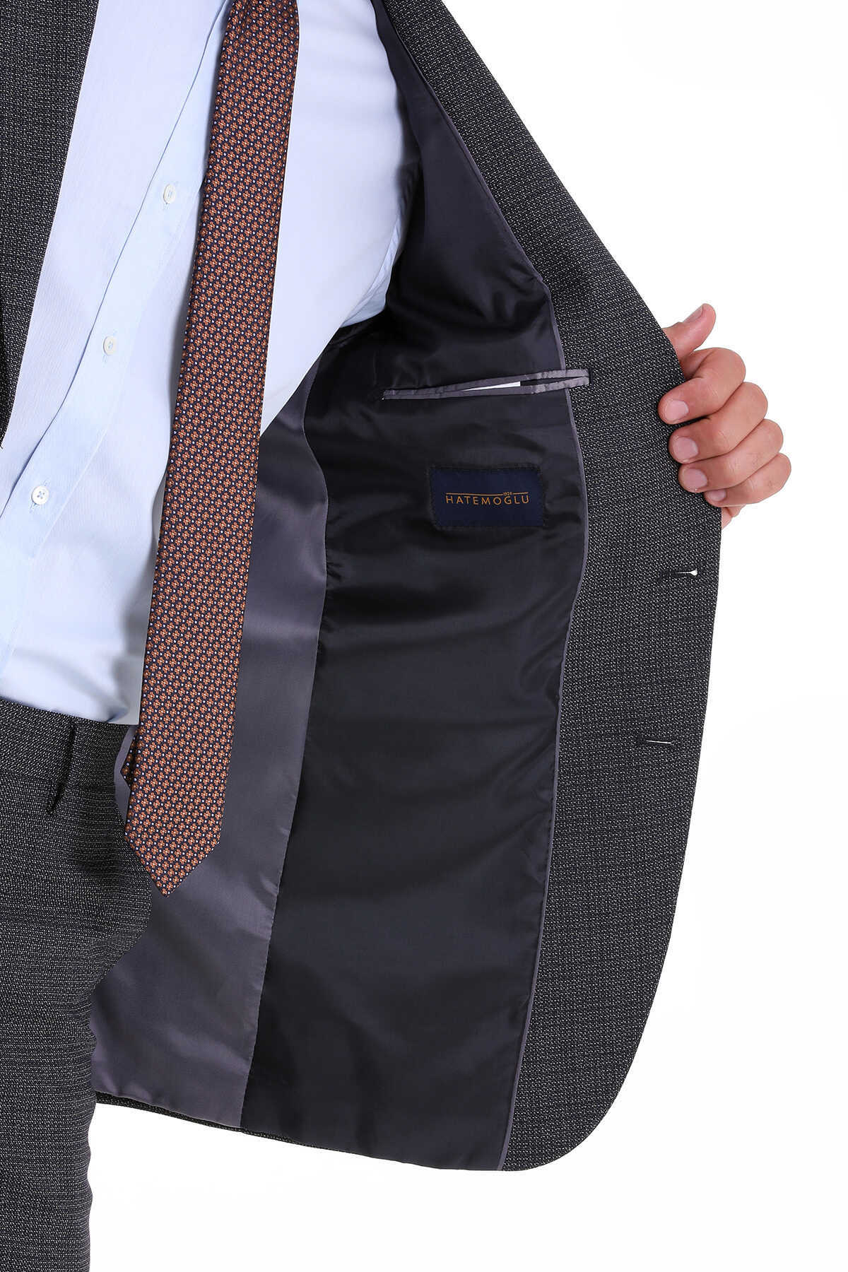 Lacivert Slim Fit Desenli Mono Yaka Klasik Takım Elbise - 6