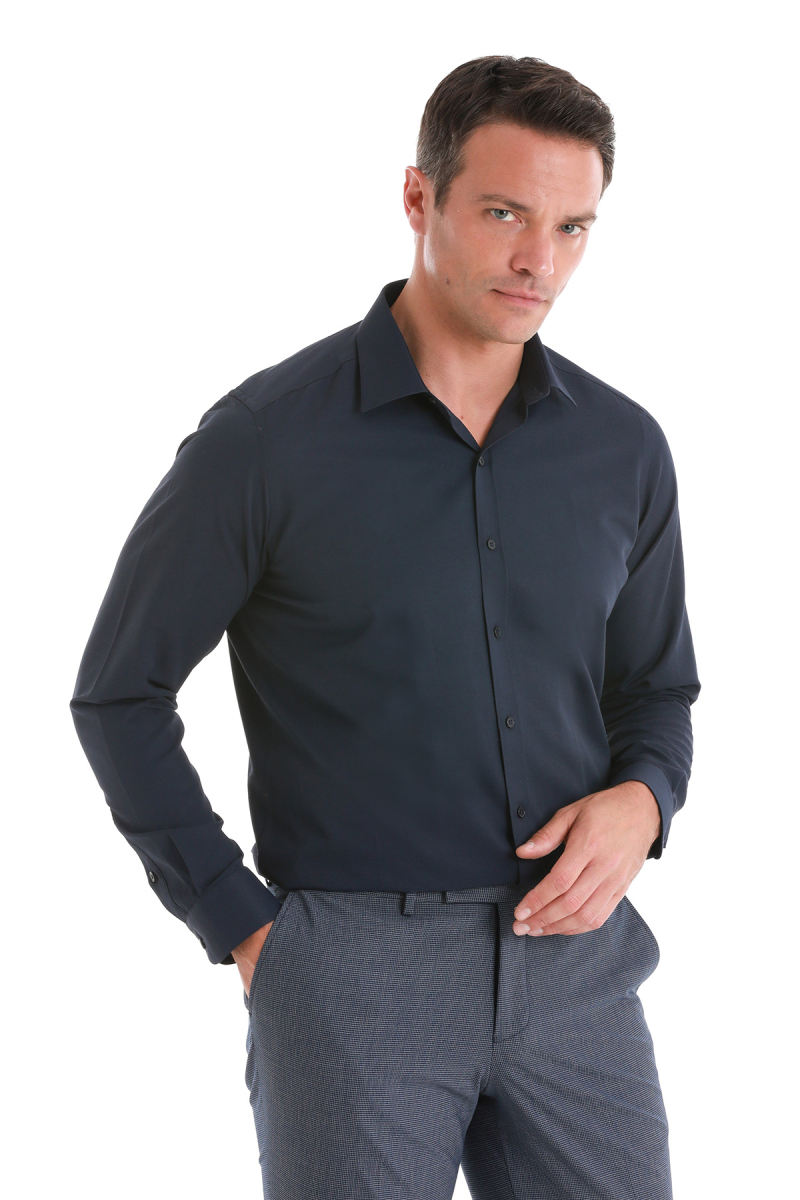 Lacivert Slim Fit Slim Yaka Pamuklu Uzun Kollu Gömlek - Hatemoğlu