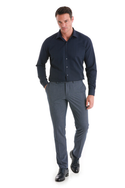 Lacivert Slim Fit Slim Yaka Pamuklu Uzun Kollu Gömlek - 2