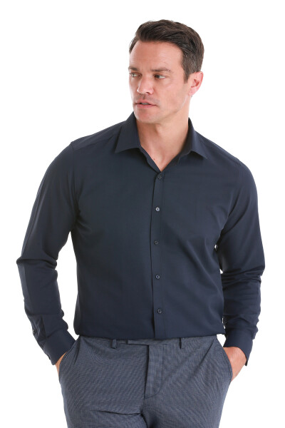 Lacivert Slim Fit Slim Yaka Pamuklu Uzun Kollu Gömlek - 3