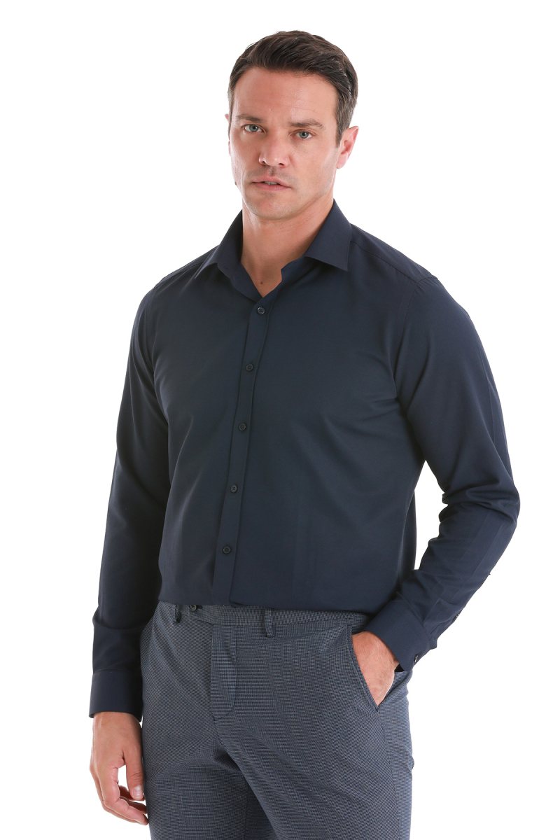 Lacivert Slim Fit Slim Yaka Pamuklu Uzun Kollu Gömlek - Hatemoğlu (1)