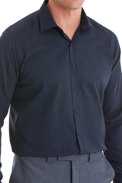 Lacivert Slim Fit Slim Yaka Pamuklu Uzun Kollu Gömlek - 5