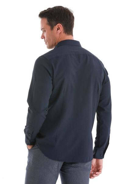 Lacivert Slim Fit Slim Yaka Pamuklu Uzun Kollu Gömlek - 6