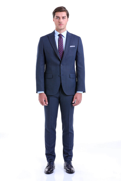 Lacivert Slim Fit Desenli Sivri Yaka Klasik Takım Elbise 