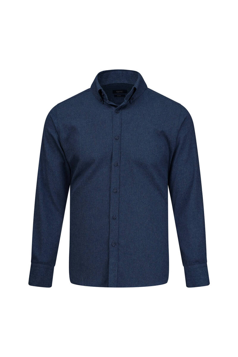 Lacivert Slim Fit Düğmeli Yaka Pamuklu Uzun Kollu Spor Gömlek