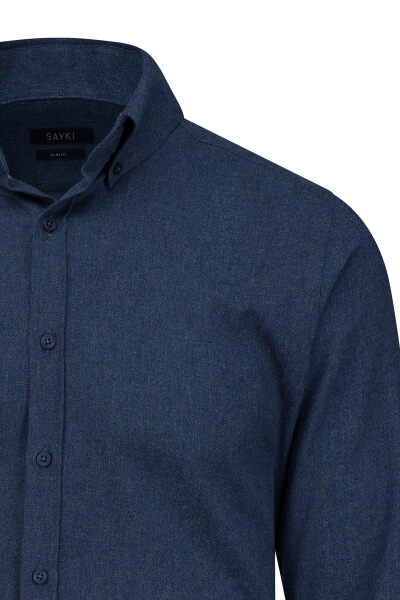 Lacivert Slim Fit Düğmeli Yaka Pamuklu Uzun Kollu Spor Gömlek - 2