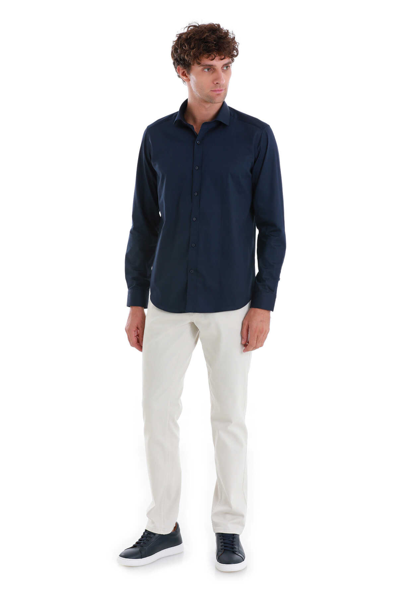 Lacivert Slim Fit 100% Pamuk Açık İtalyan Yaka Uzun Kollu Saten Gömlek - Hatem Saykı (1)