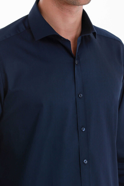 Lacivert Slim Fit 100% Pamuk Açık İtalyan Yaka Uzun Kollu Saten Gömlek - 11