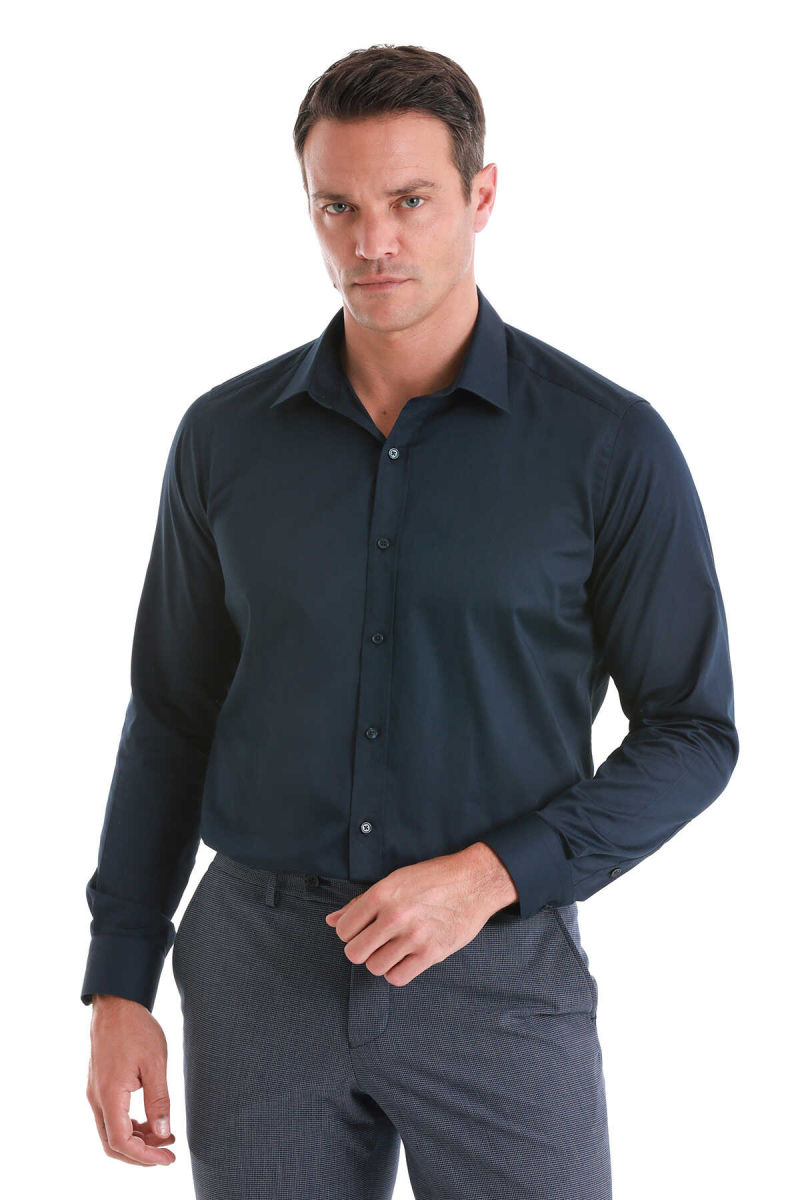Lacivert Slim Fit 100% Pamuk Slim Yaka Uzun Kollu Saten Gömlek - Hatem Saykı
