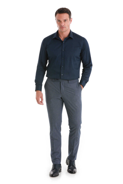 Lacivert Slim Fit 100% Pamuk Slim Yaka Uzun Kollu Saten Gömlek - 2