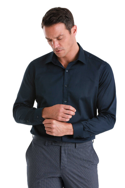 Lacivert Slim Fit 100% Pamuk Slim Yaka Uzun Kollu Saten Gömlek - 3