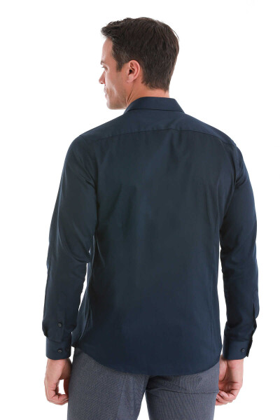 Lacivert Slim Fit 100% Pamuk Slim Yaka Uzun Kollu Saten Gömlek - 4