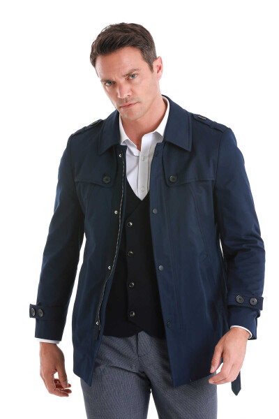 Lacivert Slim Fit Bebe Yaka Pamuklu Trençkot - 3
