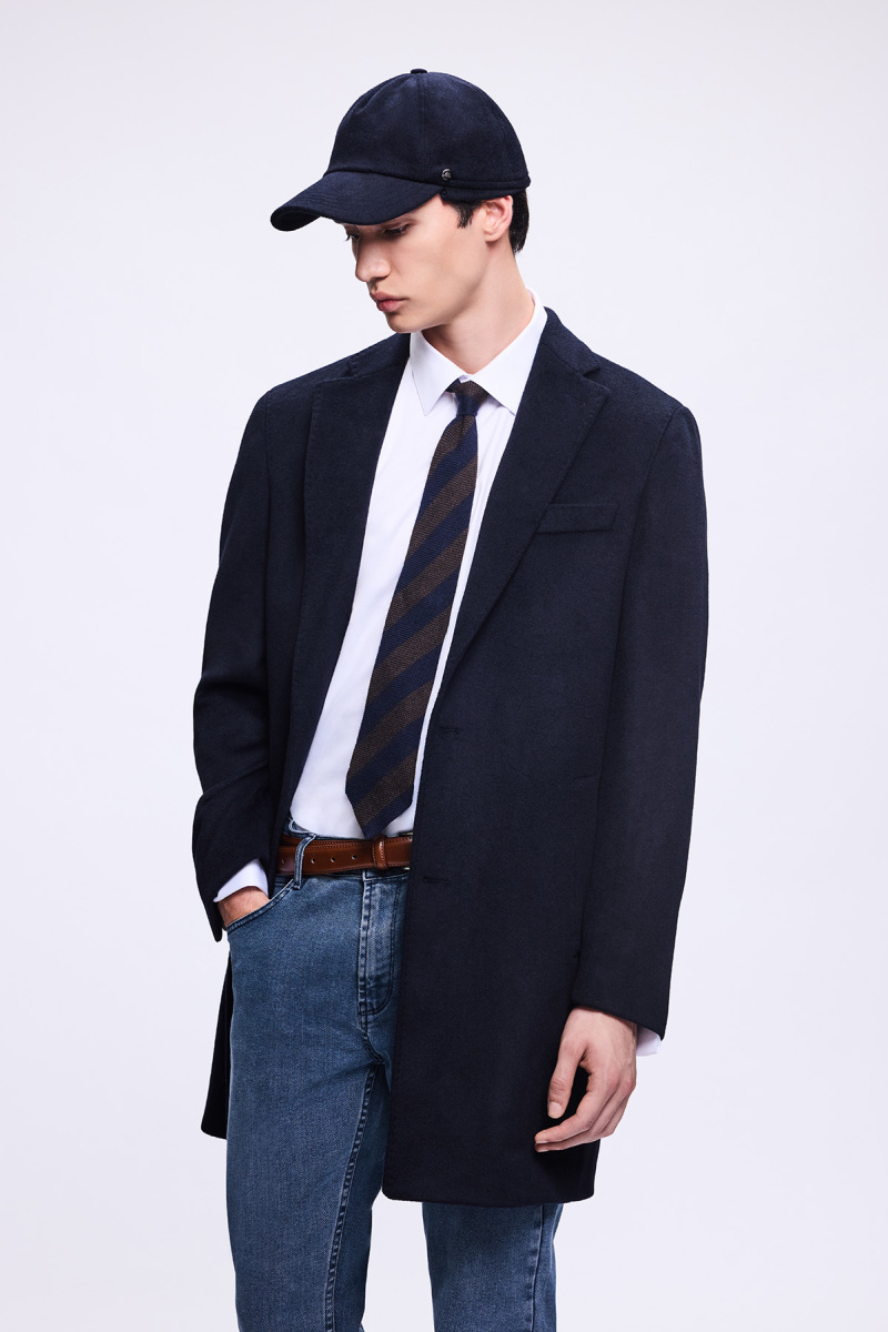 Lacivert Slim Fit Ceket Yaka Yünlü Kaşe Palto - Hatem Saykı