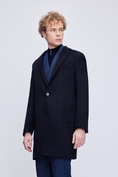 Lacivert Slim Fit Ceket Yaka Yünlü Kaşe Palto - 2