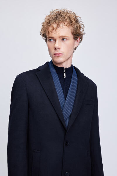 Lacivert Slim Fit Ceket Yaka Yünlü Kaşe Palto - 4