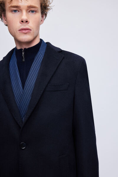 Lacivert Slim Fit Ceket Yaka Yünlü Kaşe Palto - 5