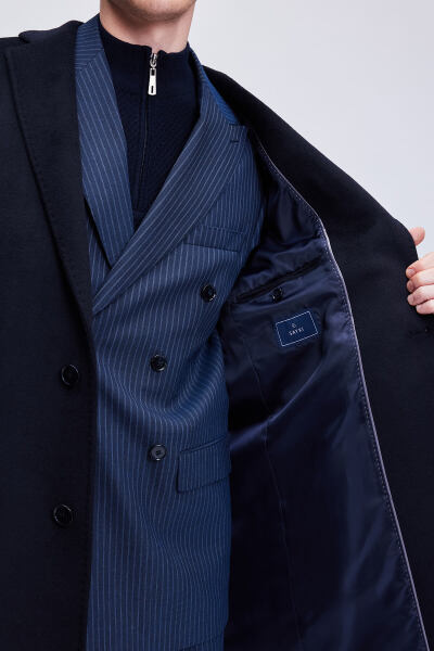 Lacivert Slim Fit Ceket Yaka Yünlü Kaşe Palto - 6