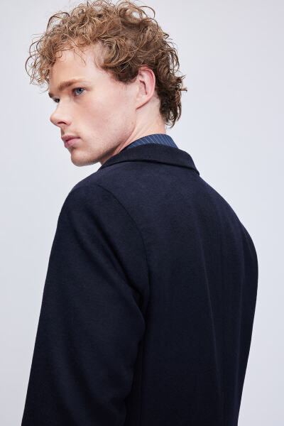 Lacivert Slim Fit Ceket Yaka Yünlü Kaşe Palto - 7