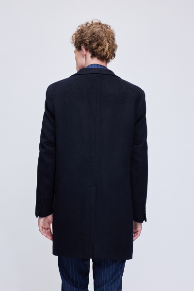 Lacivert Slim Fit Ceket Yaka Yünlü Kaşe Palto - 8