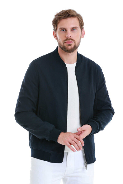 Lacivert Slim Fit Dik Yaka Basic Mevsimlik Mont 