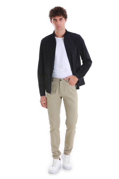 Lacivert Slim Fit 100% Deri Hakim Yaka Çift Taraflı Deri-Süet Mont - 2