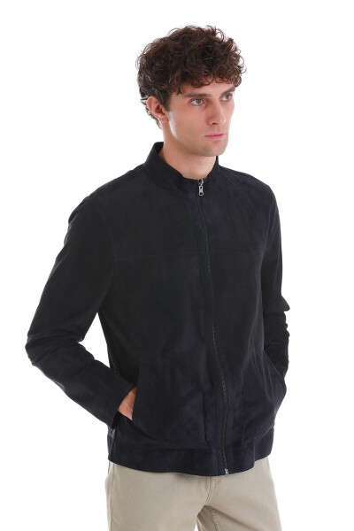 Lacivert Slim Fit 100% Deri Hakim Yaka Çift Taraflı Deri-Süet Mont - 3