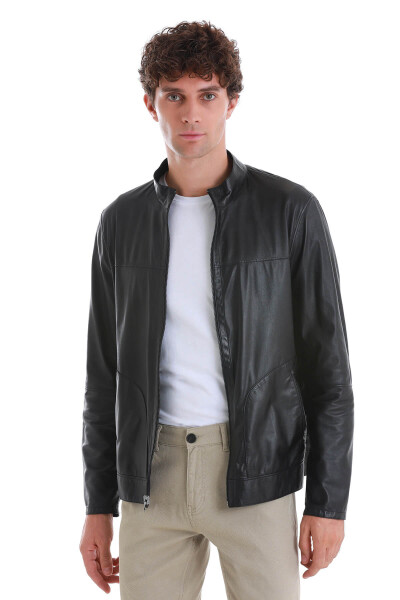 Lacivert Slim Fit 100% Deri Hakim Yaka Çift Taraflı Deri-Süet Mont - 4