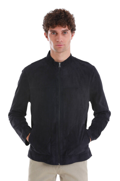 Lacivert Slim Fit 100% Deri Hakim Yaka Çift Taraflı Deri-Süet Mont - 5