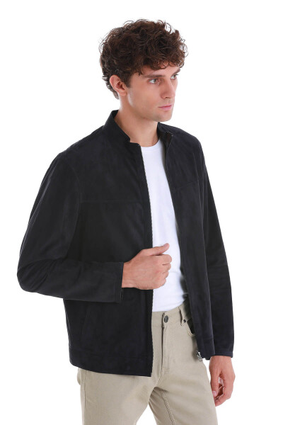 Lacivert Slim Fit 100% Deri Hakim Yaka Çift Taraflı Deri-Süet Mont - 6