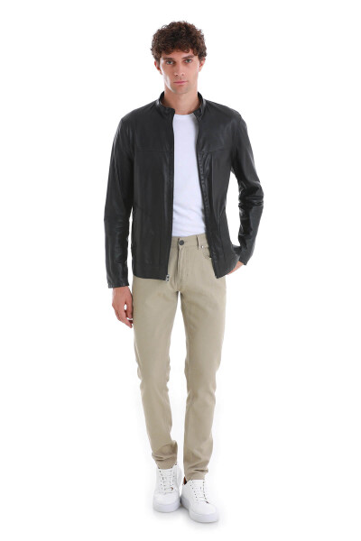 Lacivert Slim Fit 100% Deri Hakim Yaka Çift Taraflı Deri-Süet Mont - 7