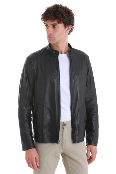 Lacivert Slim Fit 100% Deri Hakim Yaka Çift Taraflı Deri-Süet Mont - 8