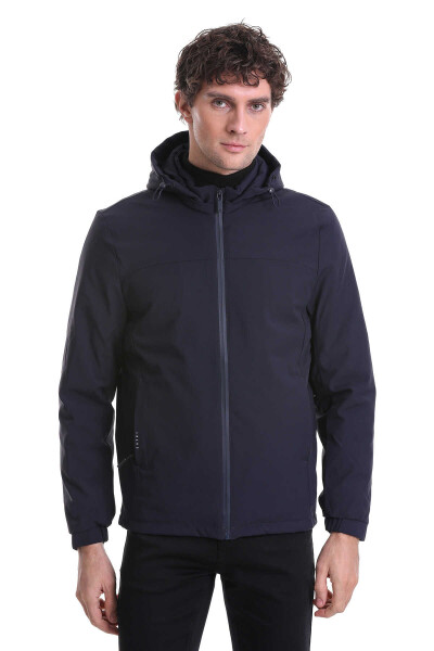 Lacivert Slim Fit Hakim Yaka Kapüşonlu Kaz Tüyü Mont 
