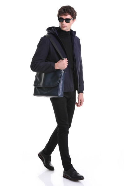 Lacivert Slim Fit Hakim Yaka Kapüşonlu Kaz Tüyü Mont - 2