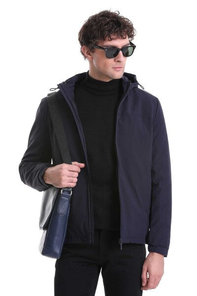 Lacivert Slim Fit Hakim Yaka Kapüşonlu Kaz Tüyü Mont - 3