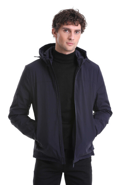 Lacivert Slim Fit Hakim Yaka Kapüşonlu Kaz Tüyü Mont - 4