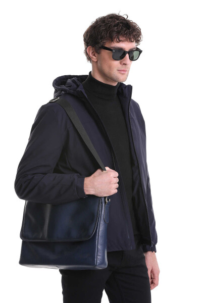 Lacivert Slim Fit Hakim Yaka Kapüşonlu Kaz Tüyü Mont - 5