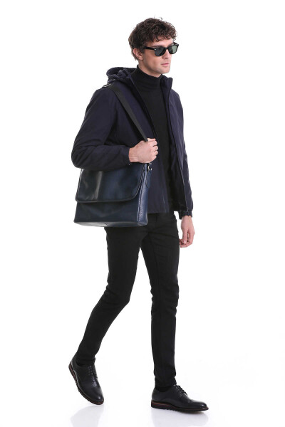 Lacivert Slim Fit Hakim Yaka Kapüşonlu Kaz Tüyü Mont - 6