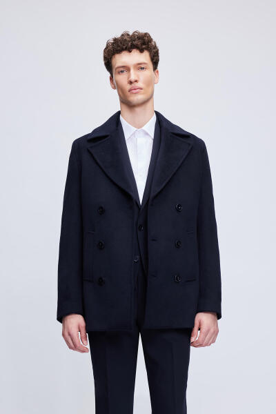Lacivert Slim Fit Kruvaze Kaşe Kaban 