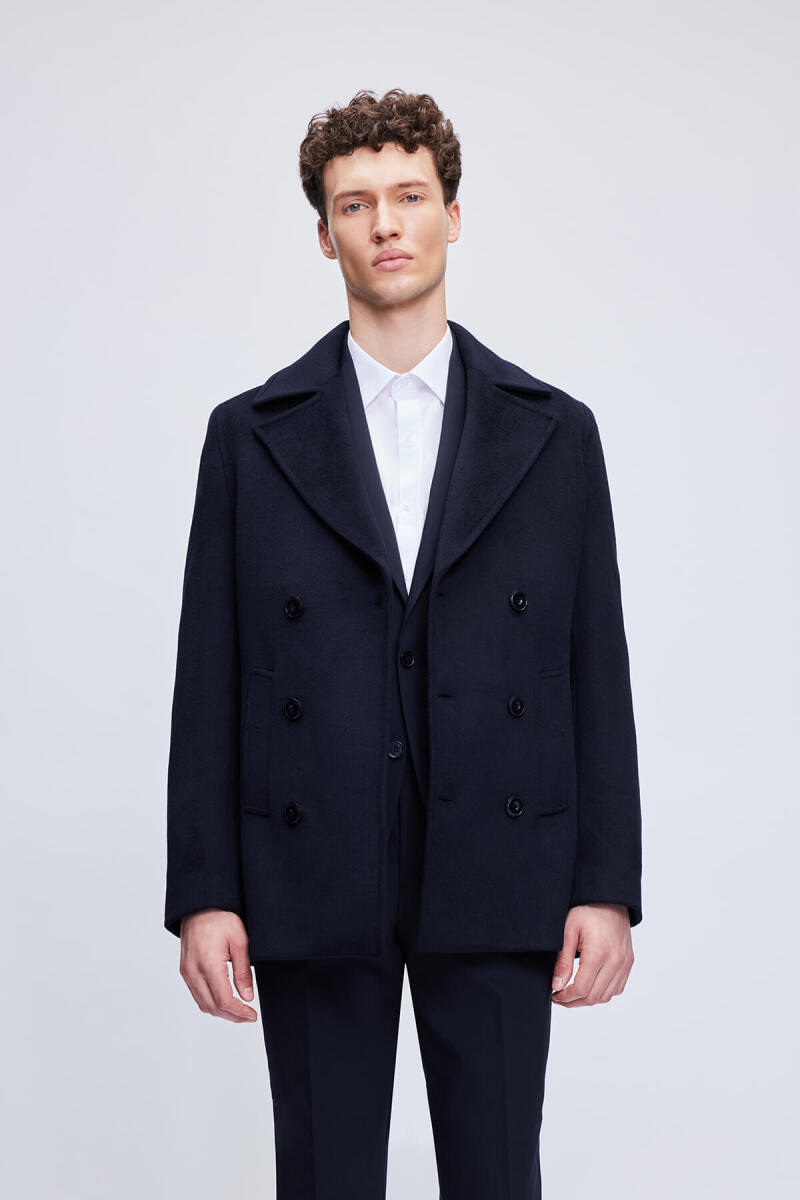 Lacivert Slim Fit Kruvaze Kaşe Kaban - Hatem Saykı