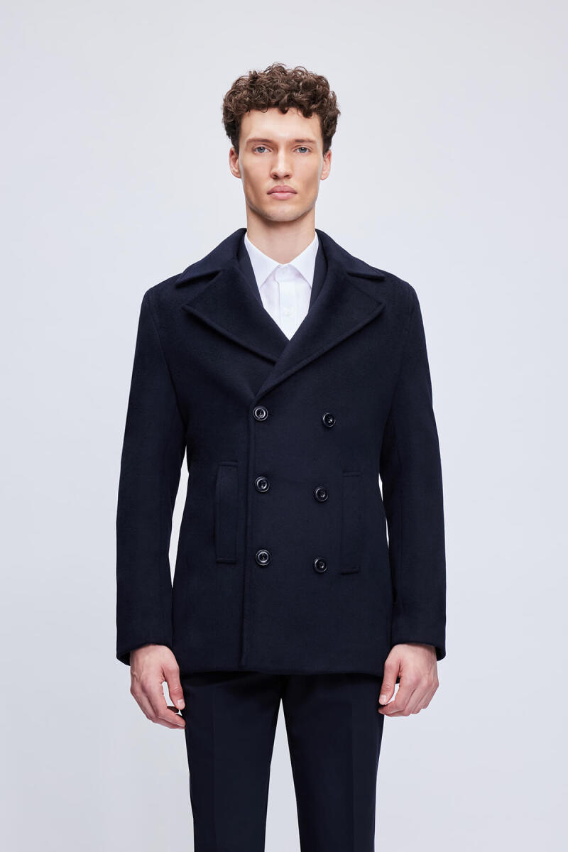 Lacivert Slim Fit Kruvaze Kaşe Kaban - Hatem Saykı (1)