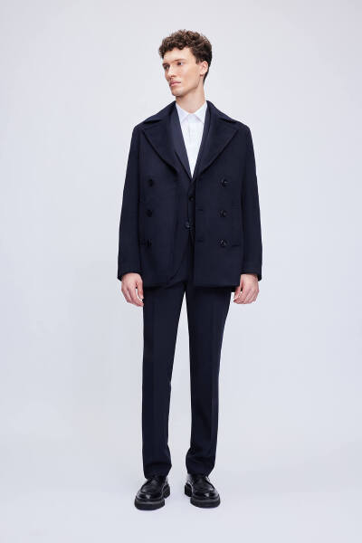 Lacivert Slim Fit Kruvaze Kaşe Kaban - 3