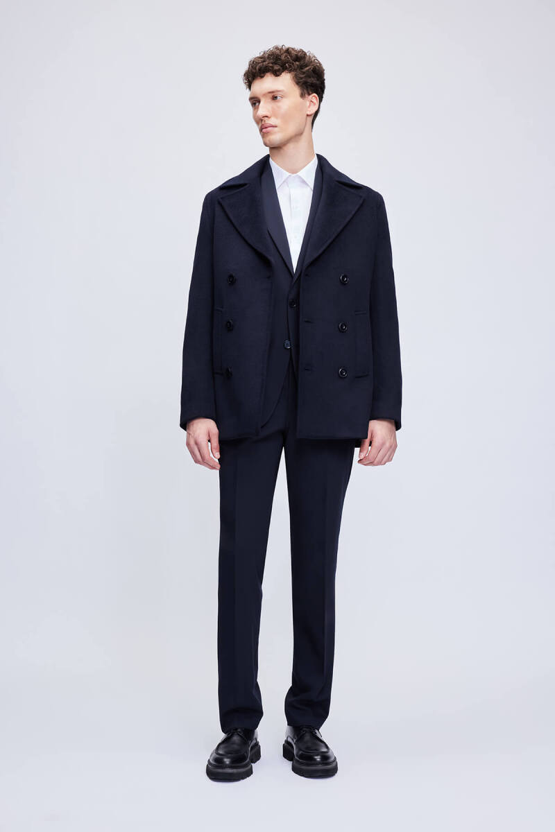 Lacivert Slim Fit Kruvaze Kaşe Kaban - Hatem Saykı (1)