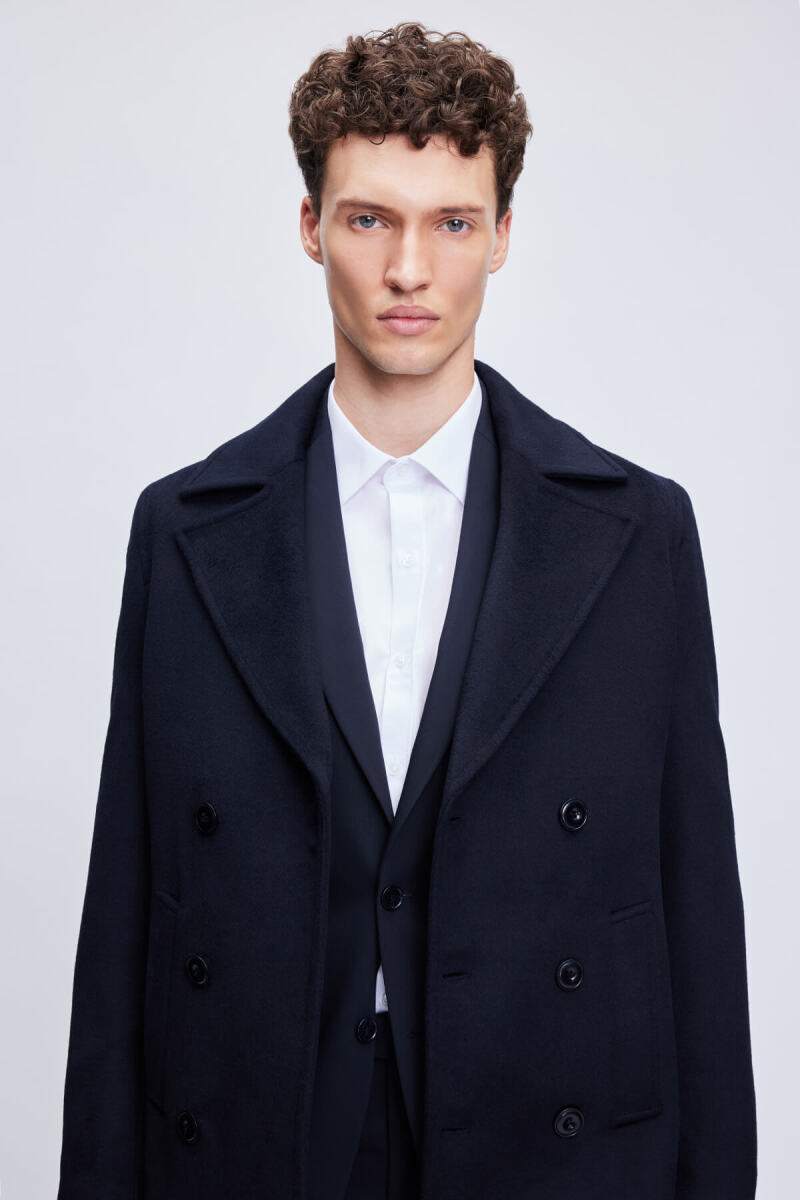 Lacivert Slim Fit Kruvaze Kaşe Kaban - Hatem Saykı (1)