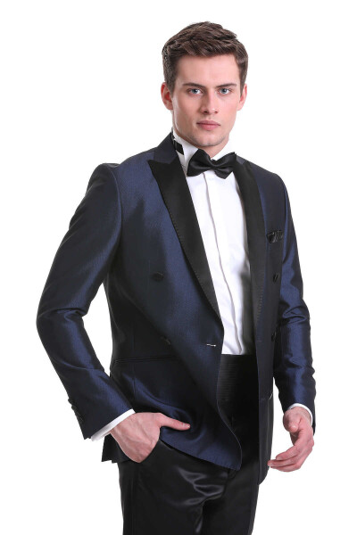 Lacivert Slim Fit Kruvaze Klasik Damatlık Smokin - 2