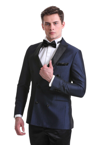 Lacivert Slim Fit Kruvaze Klasik Damatlık Smokin - 3