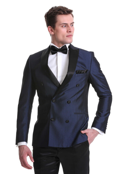 Lacivert Slim Fit Kruvaze Klasik Damatlık Smokin - 4