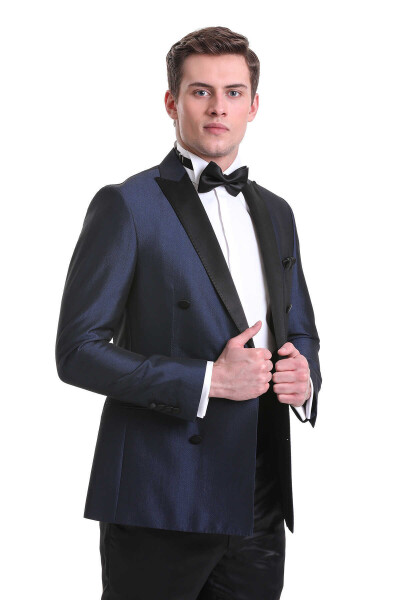 Lacivert Slim Fit Kruvaze Klasik Damatlık Smokin - 5