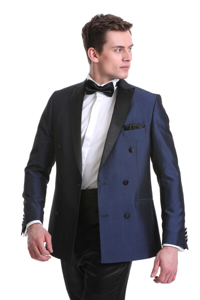 Lacivert Slim Fit Kruvaze Klasik Damatlık Smokin - 6