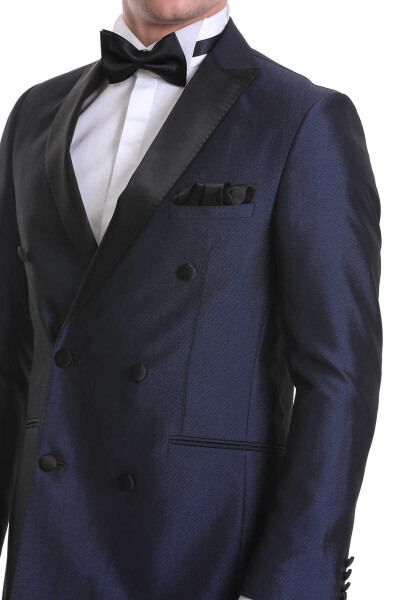 Lacivert Slim Fit Kruvaze Klasik Damatlık Smokin - 7